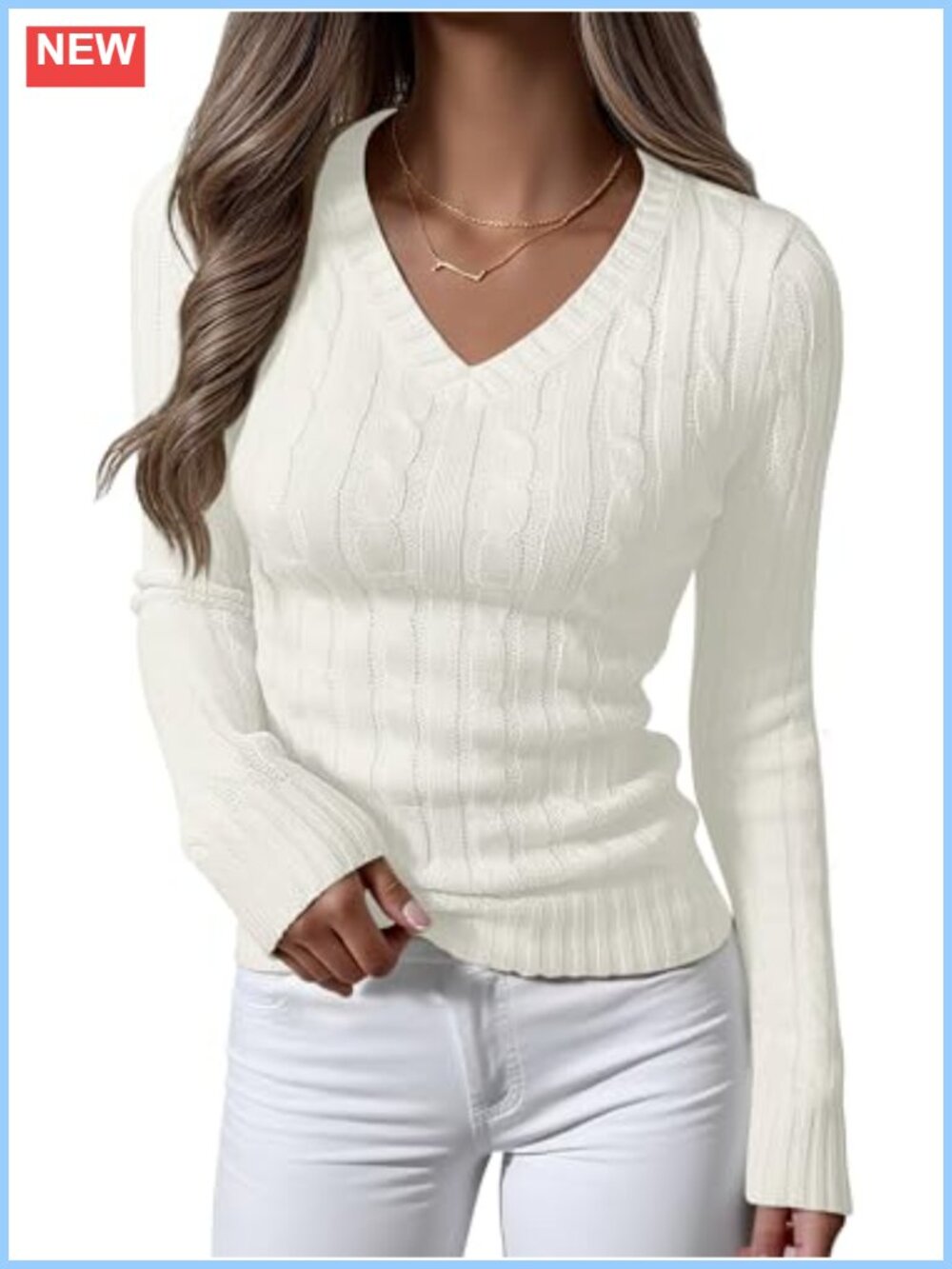 Women's Long Sleeve Cable Knit V Neck Slim Fit Sweater Pullover
